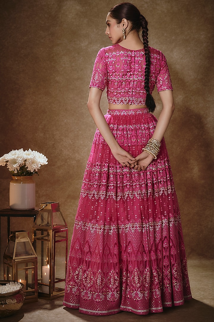Pink Soft Net Thread Embroidered Lehenga Set For Girls by Starflower by Renee Label at Pernia's Pop Up Shop