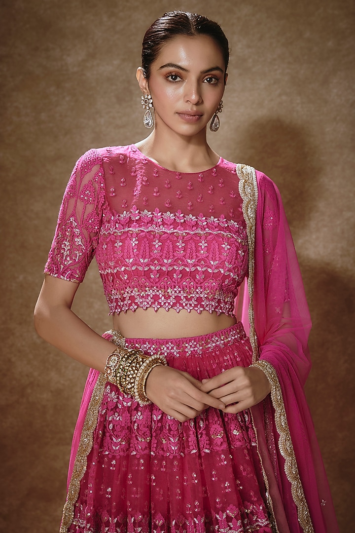 Pink Soft Net Thread Embroidered Lehenga Set For Girls by Starflower by Renee Label at Pernia's Pop Up Shop