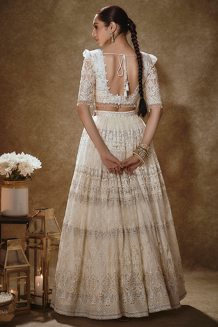 Porcelain White Soft Net Embroidered Lehenga Set For Girls by Starflower by Renee Label at Pernia's Pop Up Shop