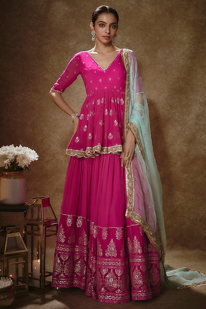 Pink Viscose Georgette Machine Embroidered Lehenga Set For Girls by Starflower by Renee Label at Pernia's Pop Up Shop