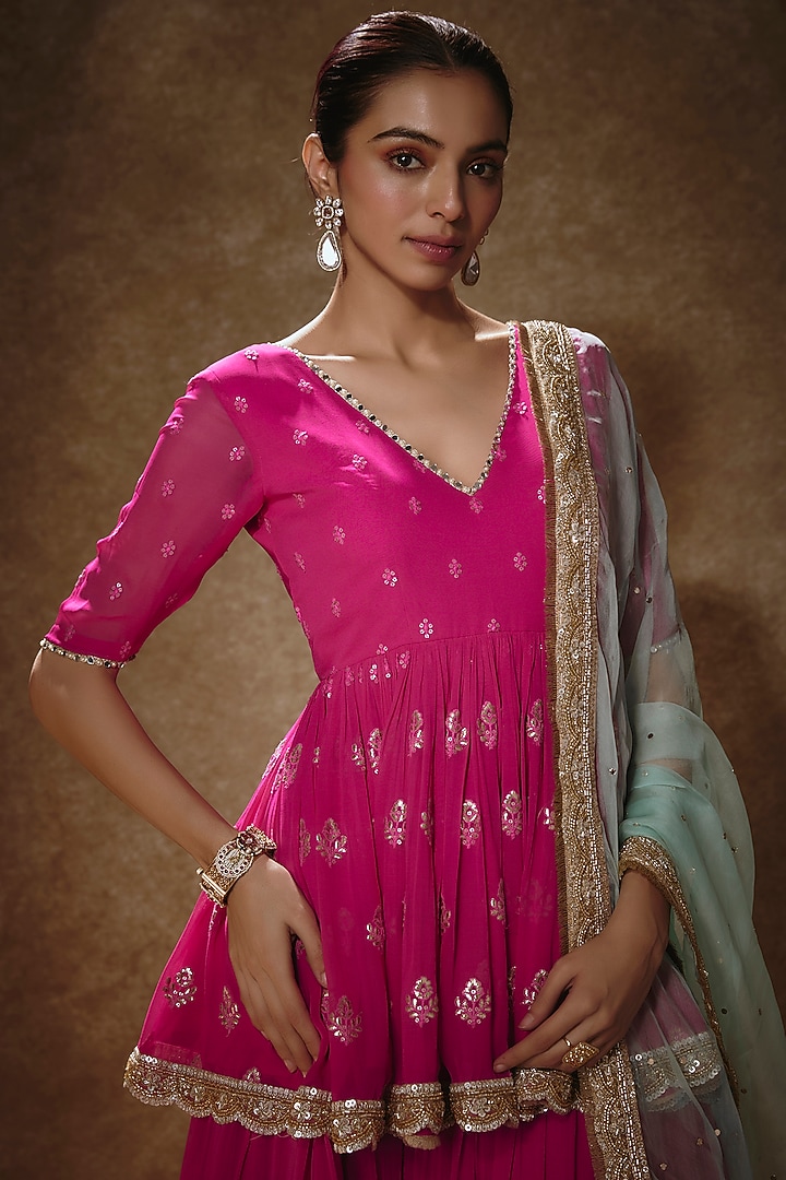 Pink Viscose Georgette Machine Embroidered Lehenga Set For Girls by Starflower by Renee Label at Pernia's Pop Up Shop