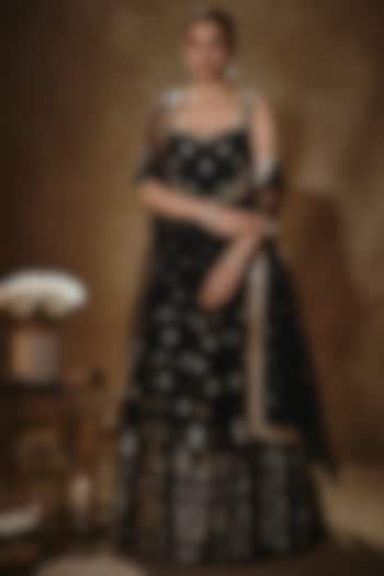 Black Viscose Georgette Machine Embroidered Lehenga Set For Girls by Starflower by Renee Label at Pernia's Pop Up Shop