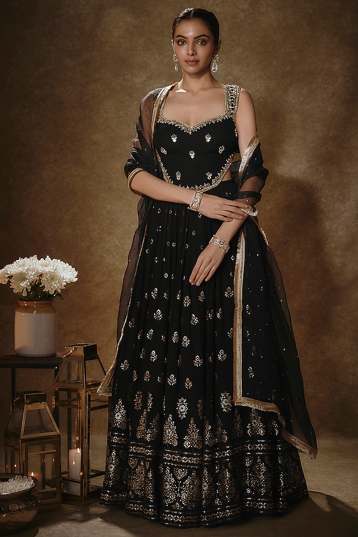 Black Viscose Georgette Machine Embroidered Lehenga Set For Girls by Starflower by Renee Label at Pernia's Pop Up Shop