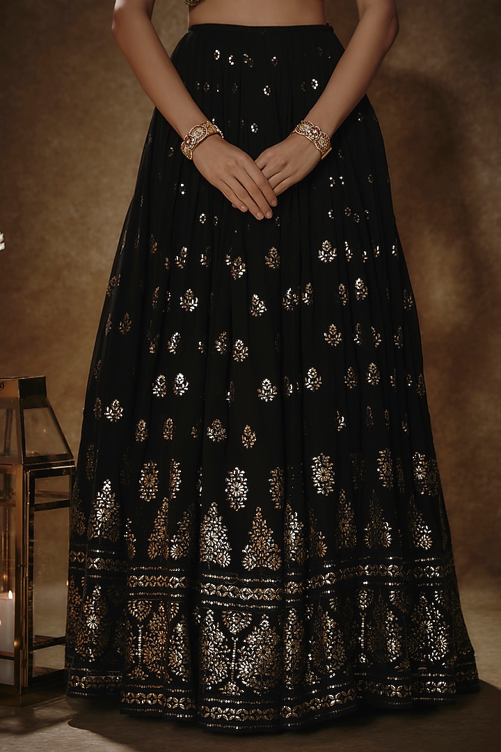 Black Viscose Georgette Machine Embroidered Lehenga Set For Girls by Starflower by Renee Label at Pernia's Pop Up Shop