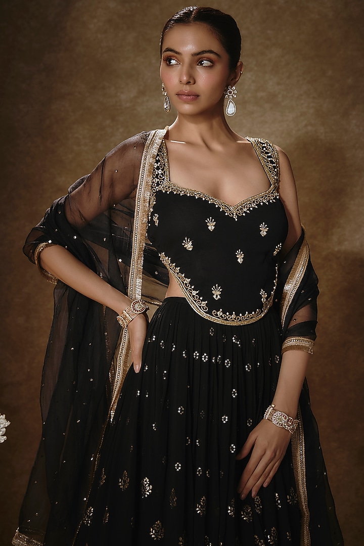 Black Viscose Georgette Machine Embroidered Lehenga Set For Girls by Starflower by Renee Label at Pernia's Pop Up Shop