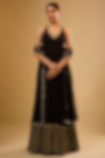 Black Viscose Georgette Embroidered Anarkali Set For Girls by Starflower by Renee Label at Pernia's Pop Up Shop