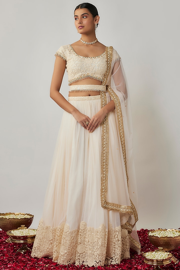 Ivory Soft Net Embroidered Lehenga Set For Girls by Starflower by Renee Label at Pernia's Pop Up Shop