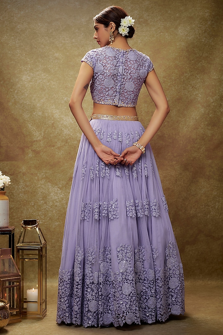 Lavender Soft Net Embroidered Lehenga Set For Girls by Starflower by Renee Label at Pernia's Pop Up Shop