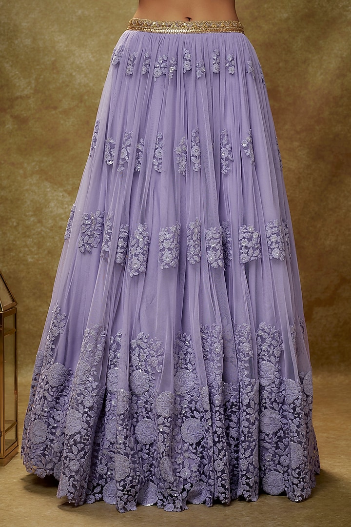 Lavender Soft Net Embroidered Lehenga Set For Girls by Starflower by Renee Label at Pernia's Pop Up Shop