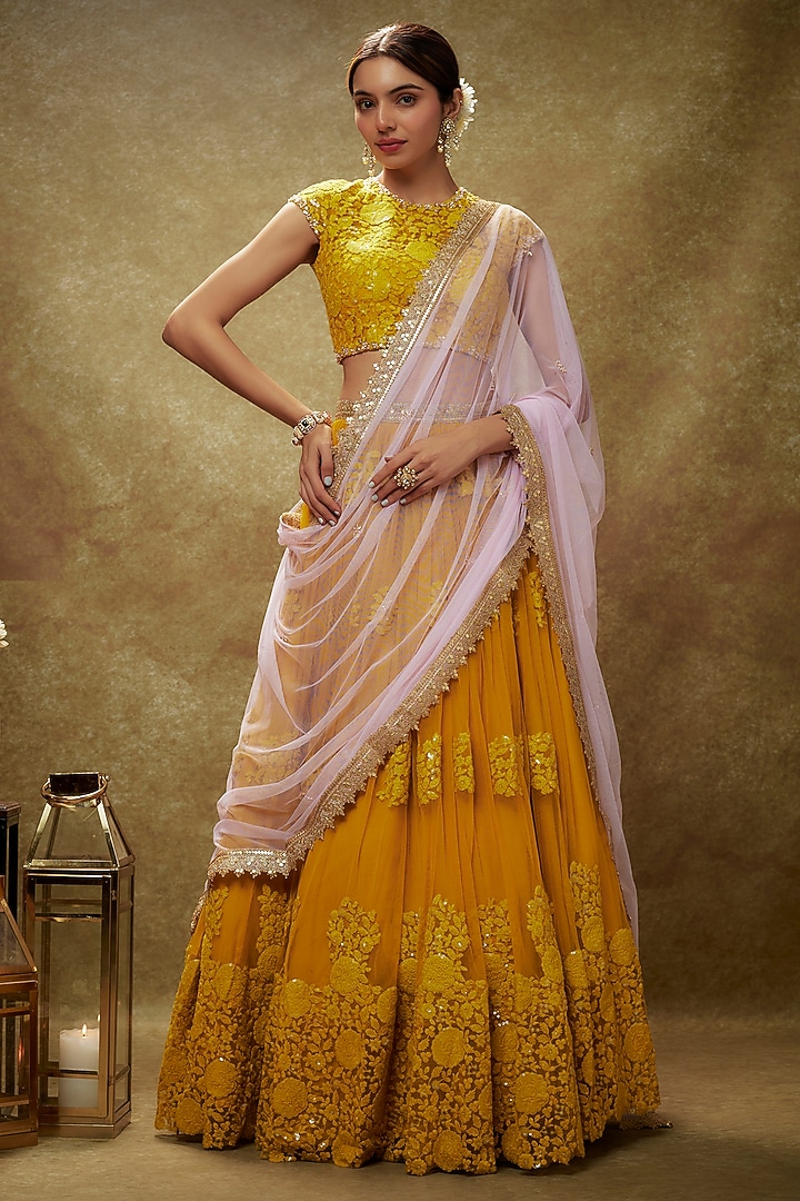Haldi Yellow Soft Net Embroidered Lehenga Set For Girls  by Starflower by Renee Label at Pernia's Pop Up Shop