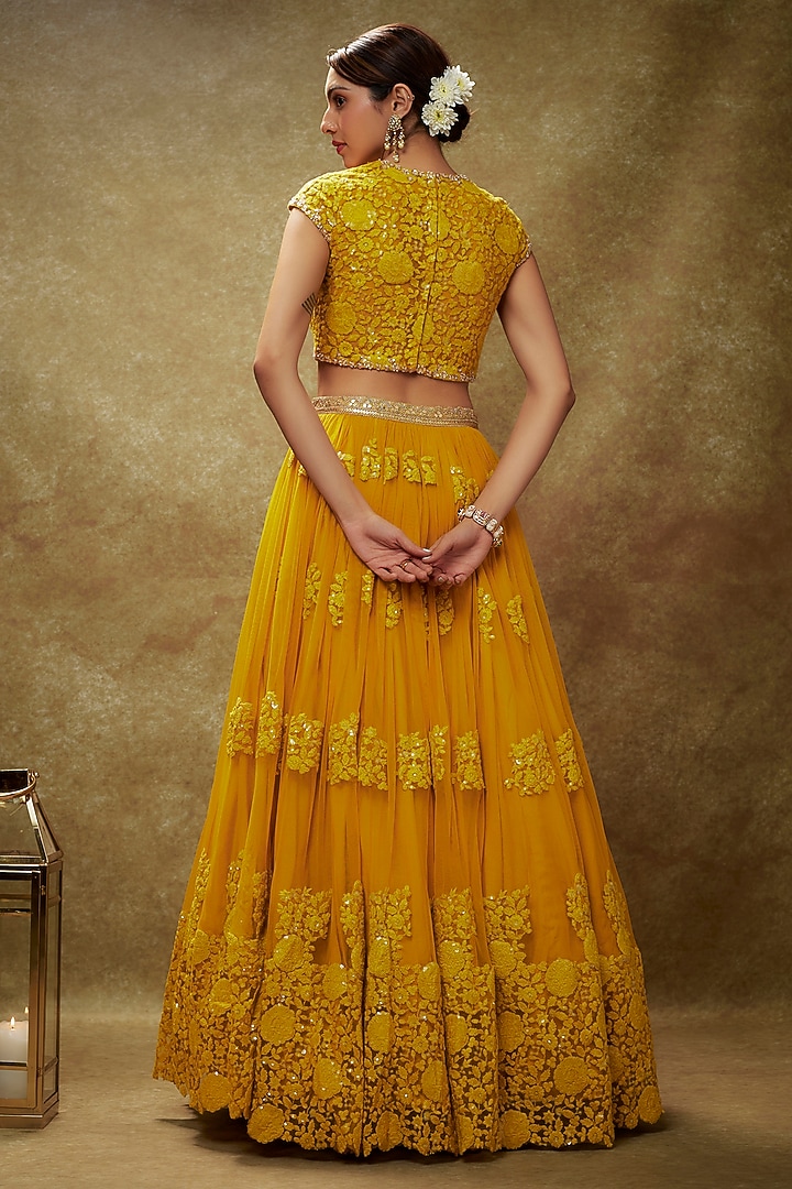 Haldi Yellow Soft Net Embroidered Lehenga Set For Girls by Starflower by Renee Label at Pernia's Pop Up Shop