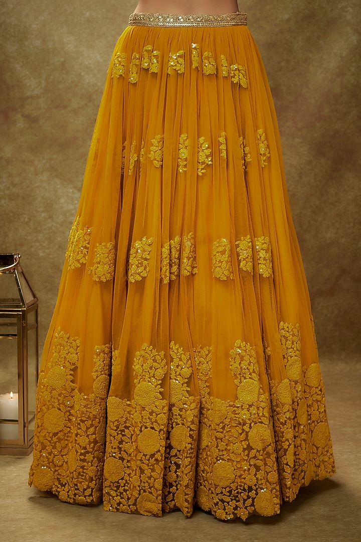 Haldi Yellow Soft Net Embroidered Lehenga Set For Girls by Starflower by Renee Label at Pernia's Pop Up Shop