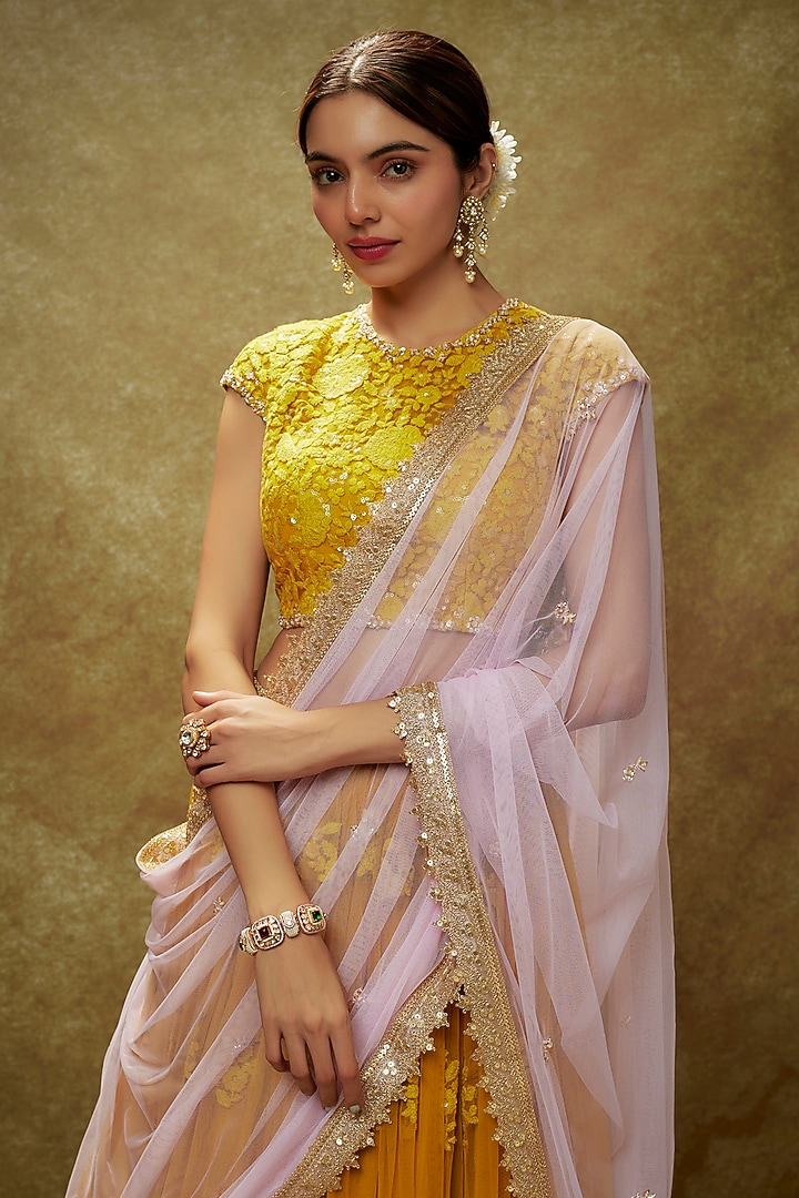 Haldi Yellow Soft Net Embroidered Lehenga Set For Girls by Starflower by Renee Label at Pernia's Pop Up Shop