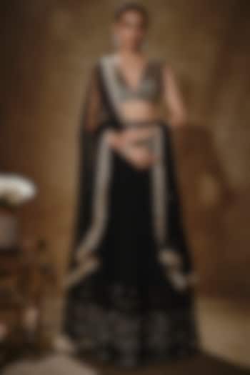 Black Viscose Georgette Embroidered Lehenga Set For Girls by Starflower by Renee Label at Pernia's Pop Up Shop