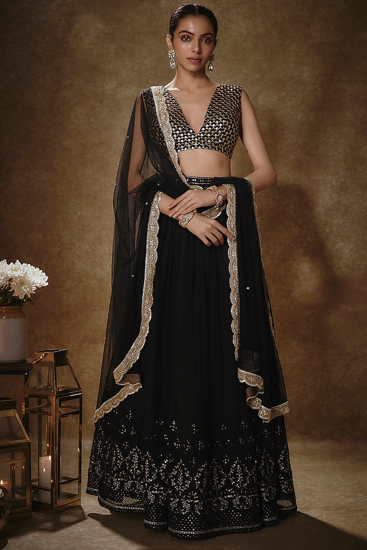 Black Viscose Georgette Embroidered Lehenga Set For Girls by Starflower by Renee Label at Pernia's Pop Up Shop