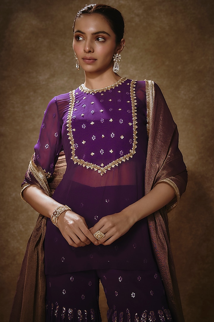 Royal Purple Viscose Georgette Embroidered Gharara Set For Girls by Starflower by Renee Label at Pernia's Pop Up Shop
