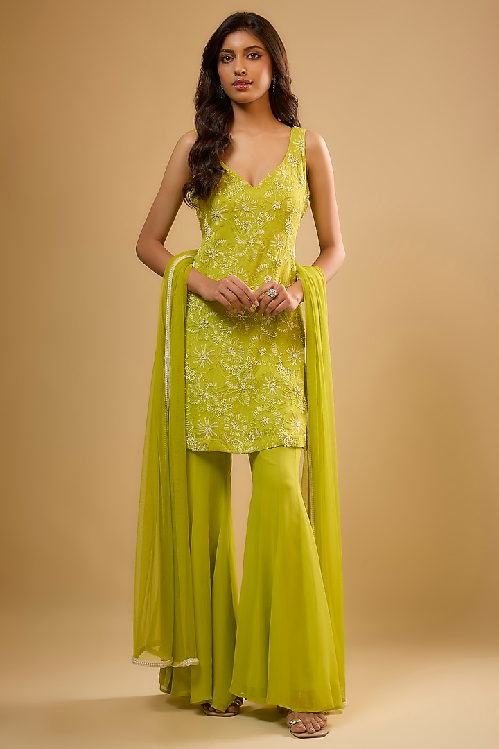 Green Viscose Georgette Sharara Set For Girls by Starflower by Renee Label at Pernia's Pop Up Shop