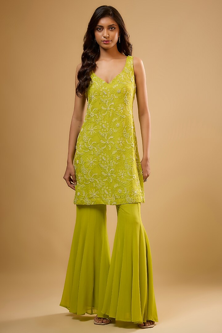 Green Viscose Georgette Sharara Set For Girls by Starflower by Renee Label at Pernia's Pop Up Shop