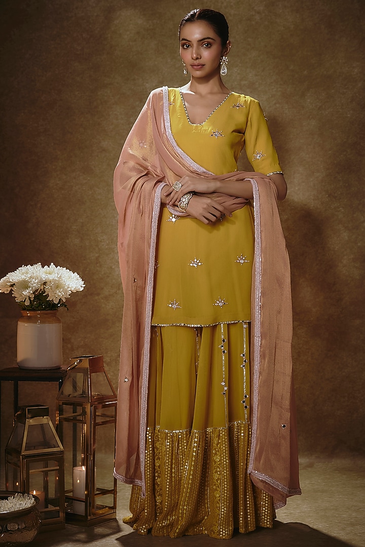 Citrine Yellow Viscose Georgette Embroidered Sharara Set For Girls by Starflower by Renee Label at Pernia's Pop Up Shop