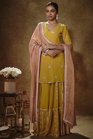 Citrine Yellow Viscose Georgette Embroidered Sharara Set For Girls by Starflower by Renee Label