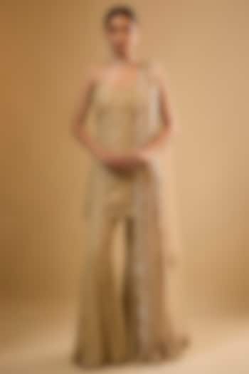 Champagne Gold Viscose Georgette Embroidered Sharara Set For Girls by Starflower by Renee Label at Pernia's Pop Up Shop