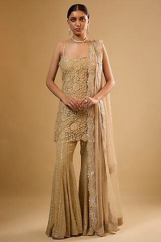 Champagne Gold Viscose Georgette Embroidered Sharara Set For Girls by Starflower by Renee Label
