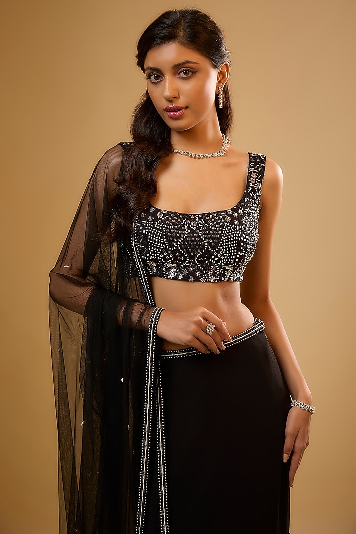Black Viscose Georgette Embroidered Fish-Cut Lehenga Set For Girls by Starflower by Renee Label at Pernia's Pop Up Shop