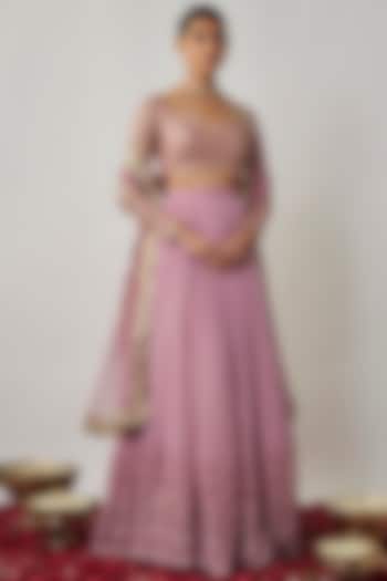 Mauve & Gold Soft Net Embroidered Lehenga Set For Girls by Starflower by Renee Label at Pernia's Pop Up Shop