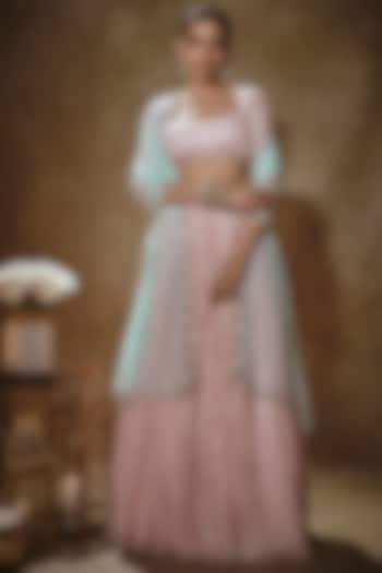 Blush Pink Viscose Georgette Thread Work Lehenga Set For Girls by Starflower by Renee Label at Pernia's Pop Up Shop