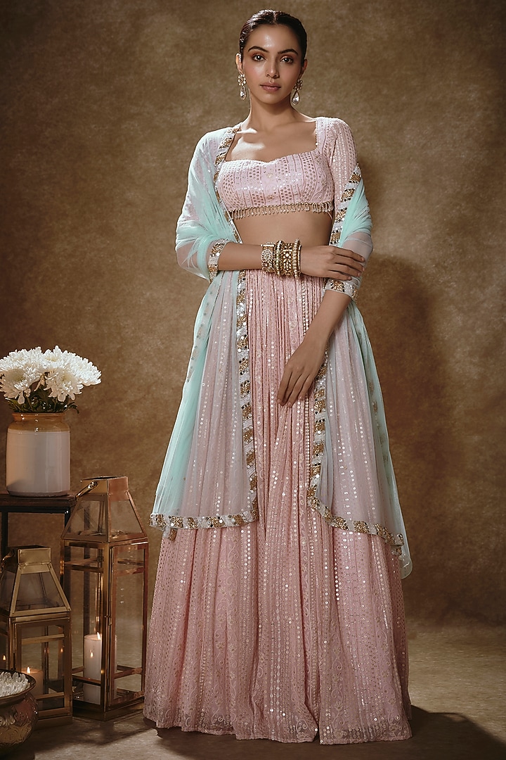 Blush Pink Viscose Georgette Thread Work Lehenga Set For Girls by Starflower by Renee Label at Pernia's Pop Up Shop