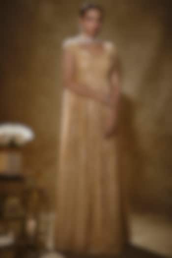 Rose Gold Viscose Georgette Embroidered Anarkali Set For Girls by Starflower by Renee Label at Pernia's Pop Up Shop