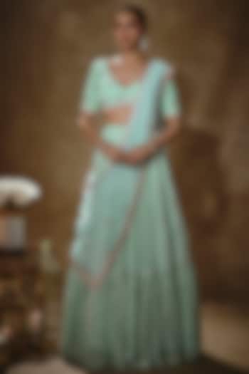 Mint Viscose Georgette Mirror Work Lehenga Set For Girls by Starflower by Renee Label at Pernia's Pop Up Shop