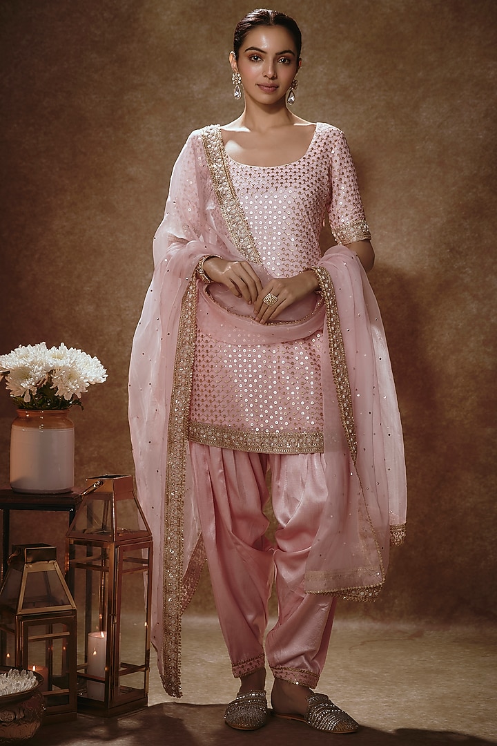 Blush Pink Viscose Georgette Sequins Embellished Kurta Set For Girls by Starflower by Renee Label at Pernia's Pop Up Shop