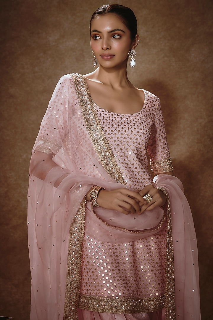 Blush Pink Viscose Georgette Sequins Embellished Kurta Set For Girls by Starflower by Renee Label at Pernia's Pop Up Shop