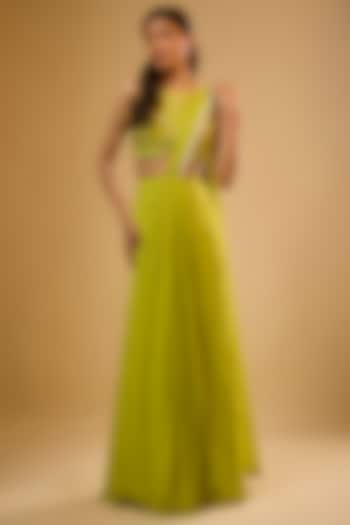 Green Viscose Georgette Embroidered Pre-Draped Saree Set For Girls by Starflower by Renee Label at Pernia's Pop Up Shop