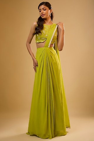 Green Viscose Georgette Embroidered Pre-Draped Saree Set For Girls by Starflower by Renee Label