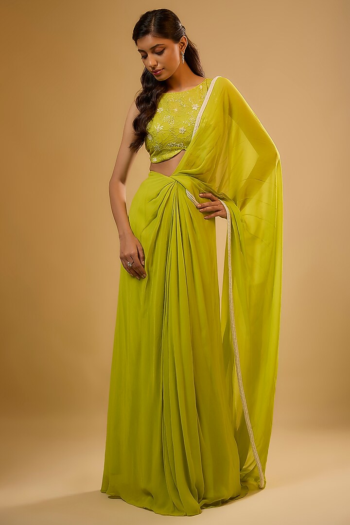 Green Viscose Georgette Embroidered Pre-Draped Saree Set For Girls by Starflower by Renee Label at Pernia's Pop Up Shop