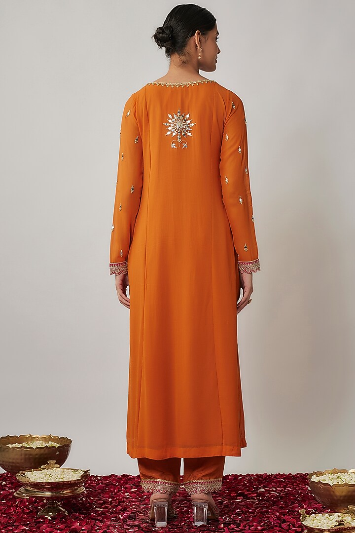 Saffron Orange Viscose Georgette Embroidered Kurta Set For Girls by Starflower by Renee Label at Pernia's Pop Up Shop