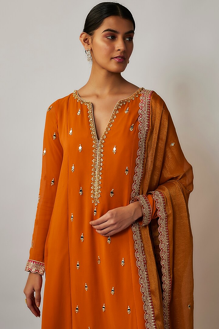 Saffron Orange Viscose Georgette Embroidered Kurta Set For Girls by Starflower by Renee Label at Pernia's Pop Up Shop