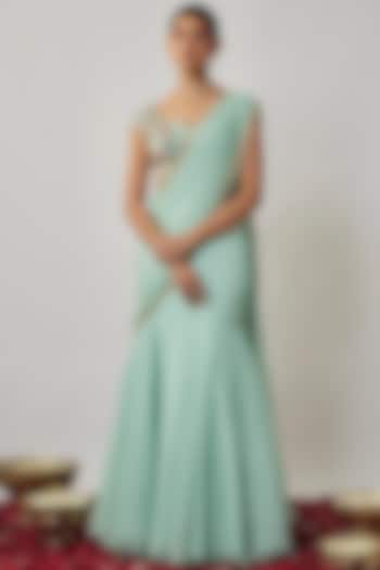 Mint Viscose Georgette Embroidered Lehenga Saree Set For Girls by Starflower by Renee Label at Pernia's Pop Up Shop