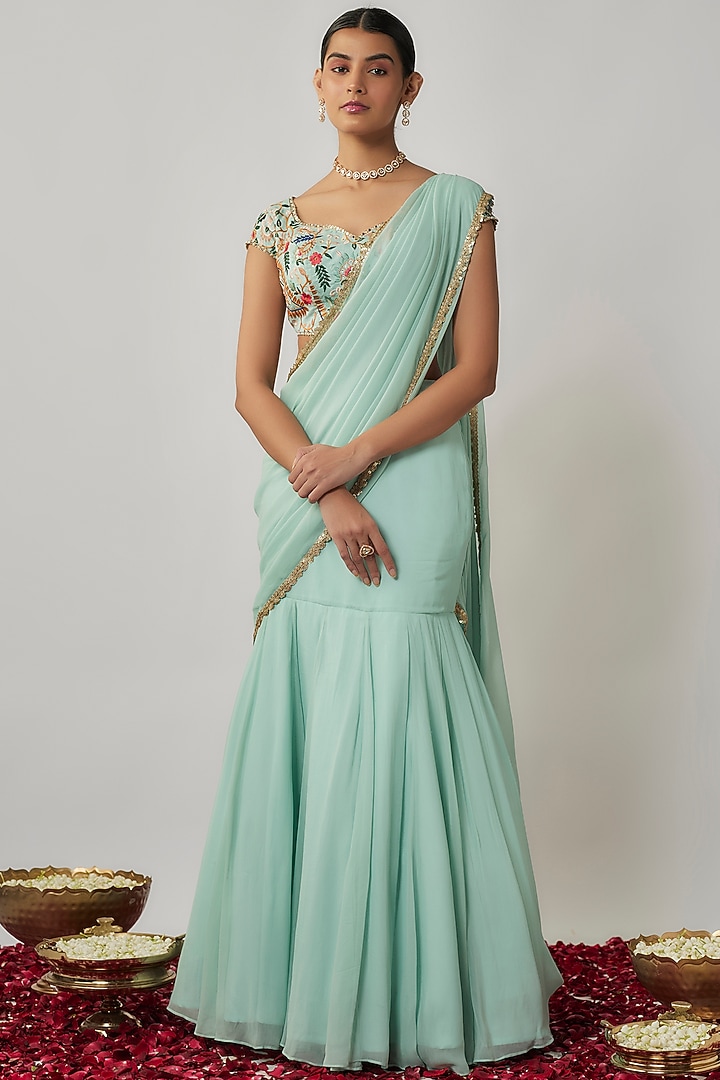 Mint Viscose Georgette Embroidered Lehenga Saree Set For Girls by Starflower by Renee Label at Pernia's Pop Up Shop