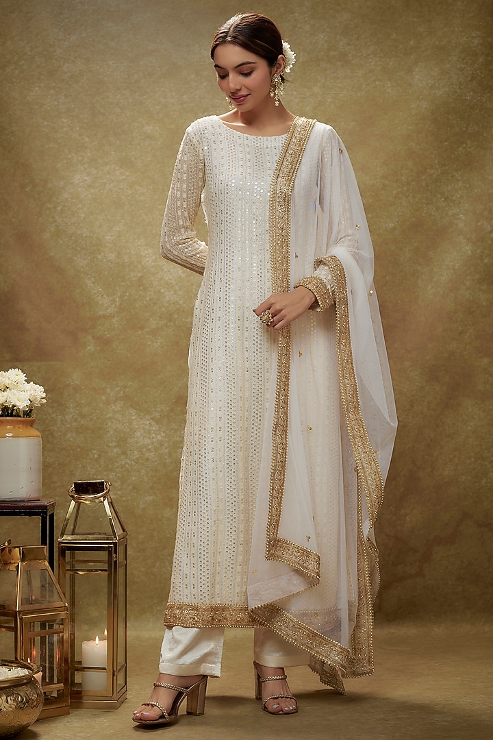 Ivory Viscose Georgette Embroidered Kurta Set For Girls by Starflower by Renee Label at Pernia's Pop Up Shop