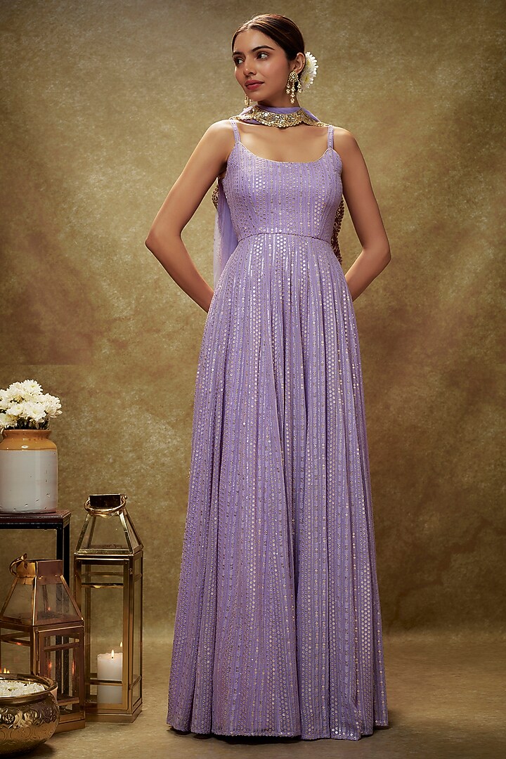 Lavender Viscose Georgette Thread Embroidered Anarkali Set For Girls by Starflower by Renee Label at Pernia's Pop Up Shop