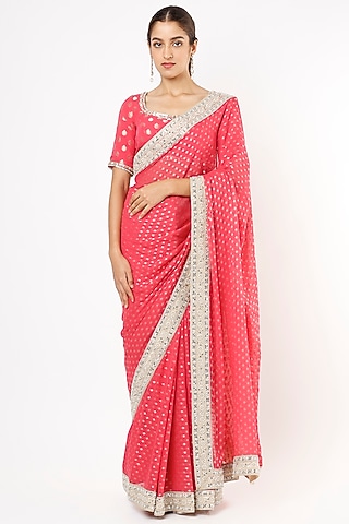 Raspberry Pink Embroidered Banarasi Saree Set For Girls by Starflower by Renee Label