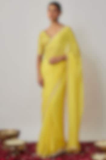 Lemon Yellow & Gold Viscose Georgette Saree Set For Girls by Starflower by Renee Label at Pernia's Pop Up Shop