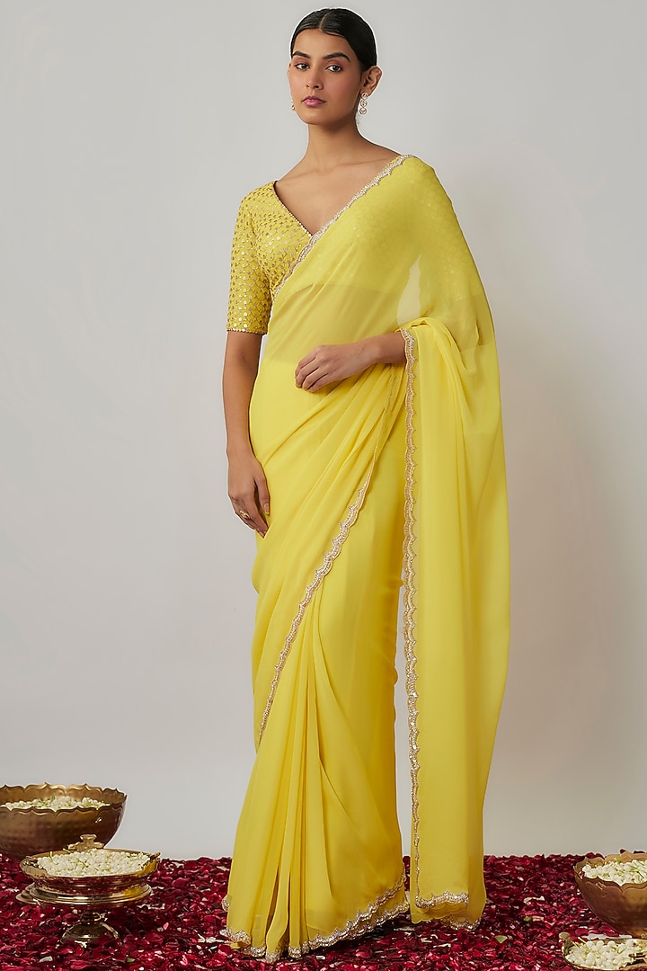Lemon Yellow & Gold Viscose Georgette Saree Set For Girls by Starflower by Renee Label at Pernia's Pop Up Shop