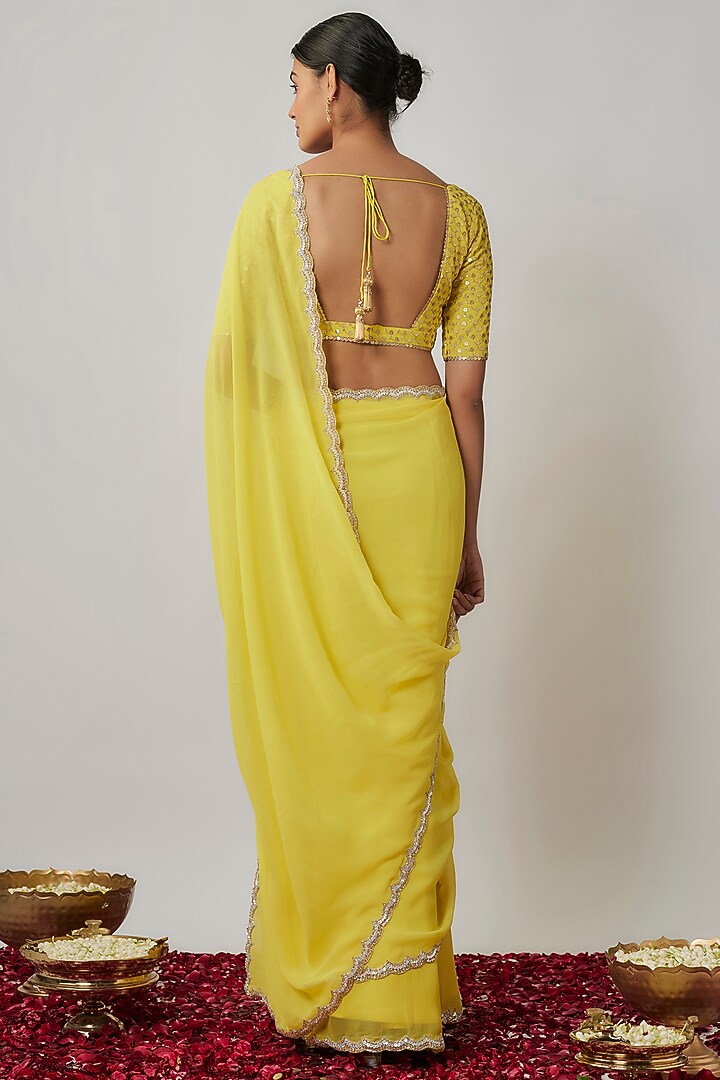 Lemon Yellow & Gold Viscose Georgette Saree Set For Girls by Starflower by Renee Label at Pernia's Pop Up Shop