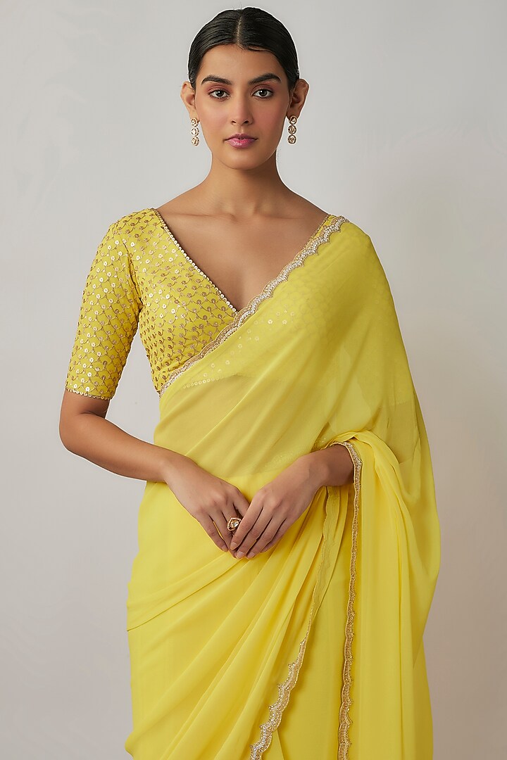 Lemon Yellow & Gold Viscose Georgette Saree Set For Girls by Starflower by Renee Label at Pernia's Pop Up Shop