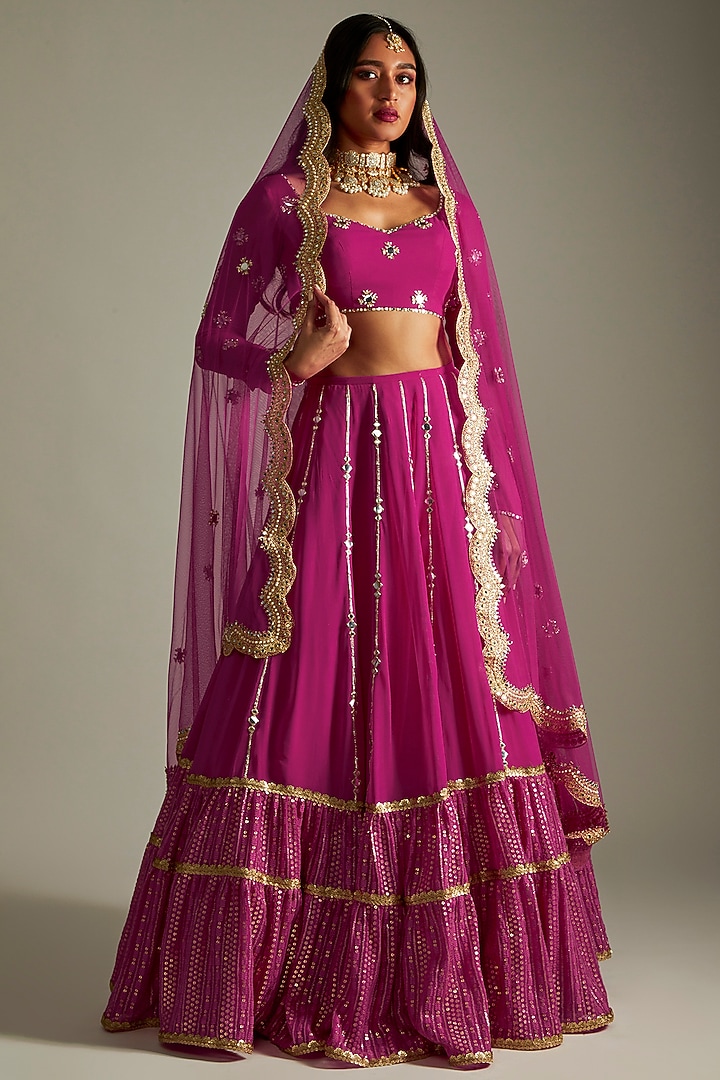 Magenta Pink Georgette Embroidered Lehenga Set For Girls by Starflower by Renee Label at Pernia's Pop Up Shop