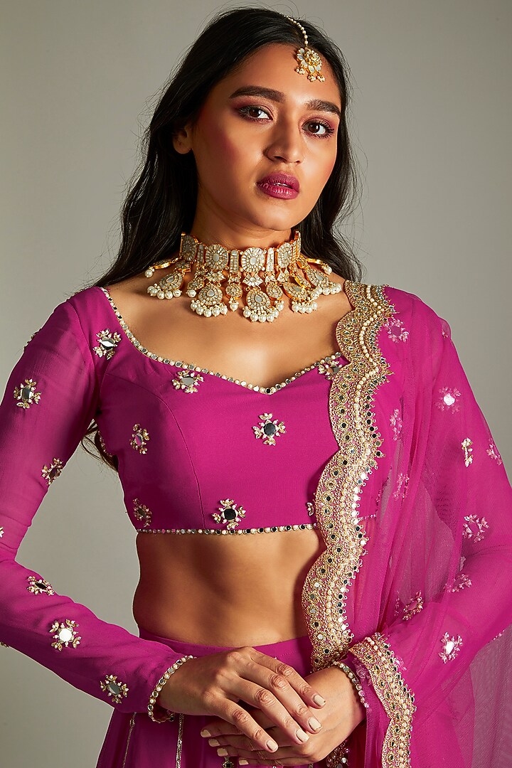 Magenta Pink Georgette Embroidered Lehenga Set For Girls by Starflower by Renee Label at Pernia's Pop Up Shop
